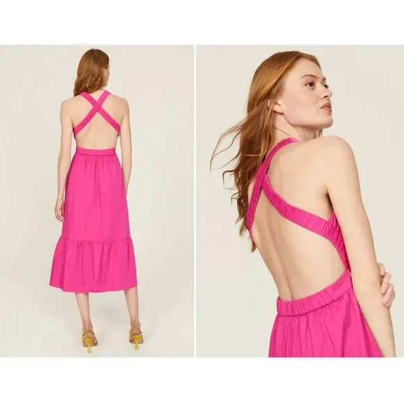 Peter Som Hot Pink Tiered Barbiecore Cross Back Semi Formal Summer Midi Dress 6 - Picture 3 of 15